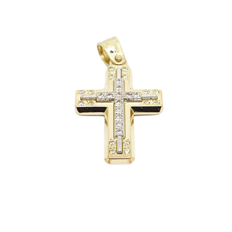 Σταυρός απο χρυσό κ14 με  ενσωματωμένο λευκόχρυσο σταυρό κ14 με ζιργκόν (code H1873)